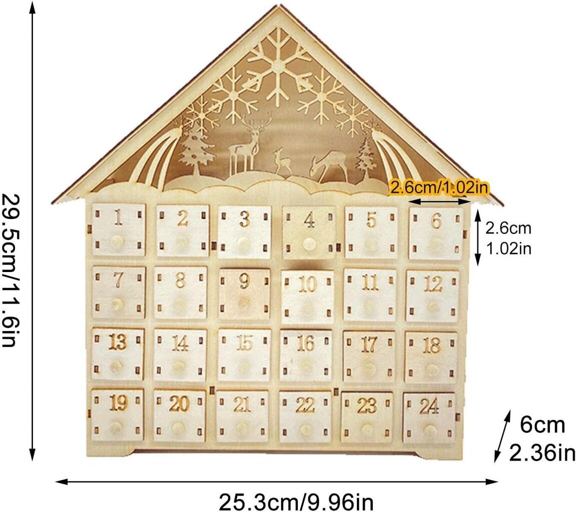 Puinen adventtikalenteri LED-valoilla, 24 laatikkoa säilytystilaa lapsille, joulukoristeita, 25,3 x 6 x 29,5 cm hinta ja tiedot | Joulukoristeet | hobbyhall.fi