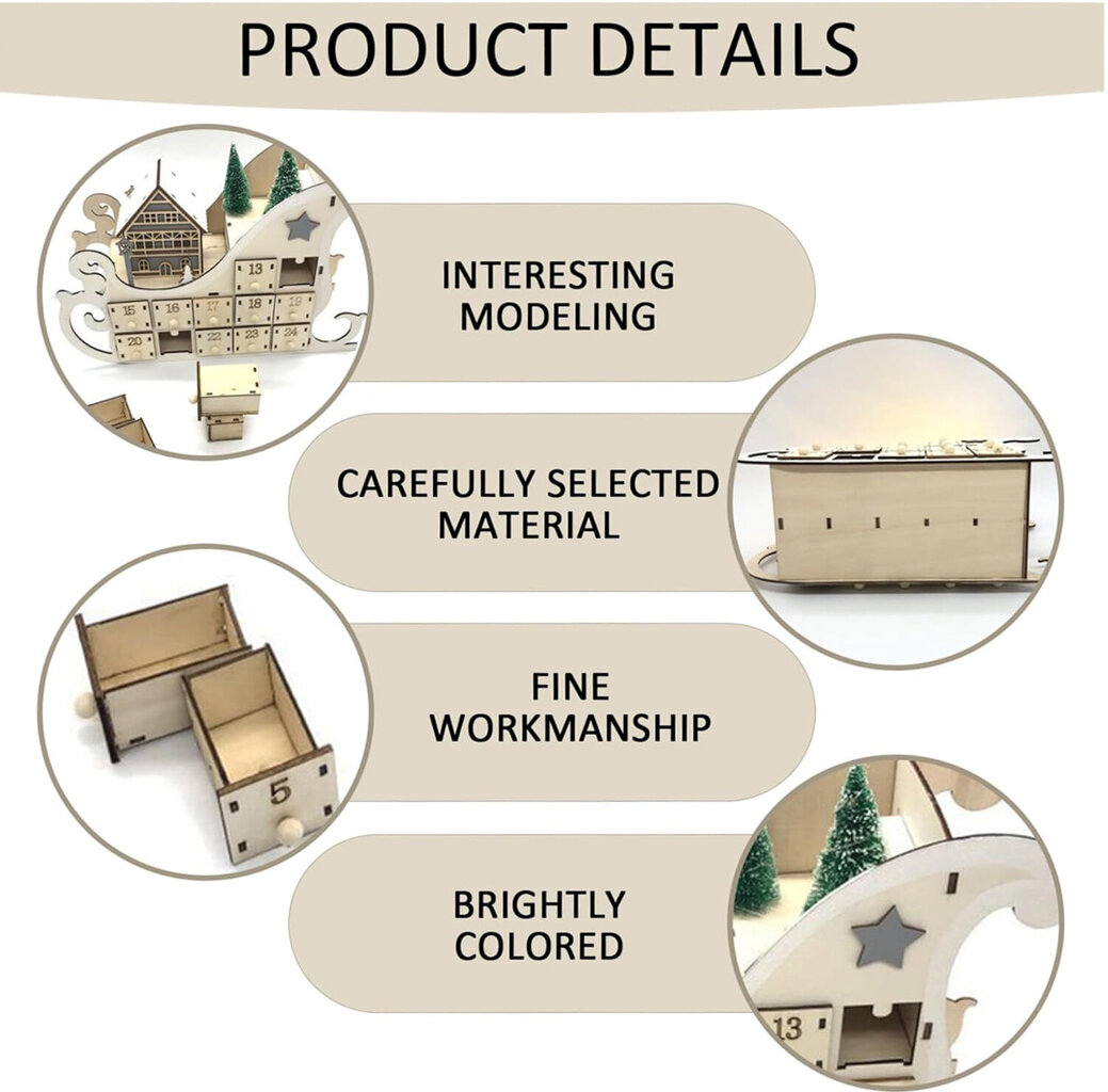 Joulun adventtikalenteri (punainen/puun värinen), puinen adventtikalenteri kelkan muodossa, joulukuusi ja 24 tyhjää laatikkoa Joulukalenteri, joulun lähtölaskentakalenteri hinta ja tiedot | Joulukoristeet | hobbyhall.fi