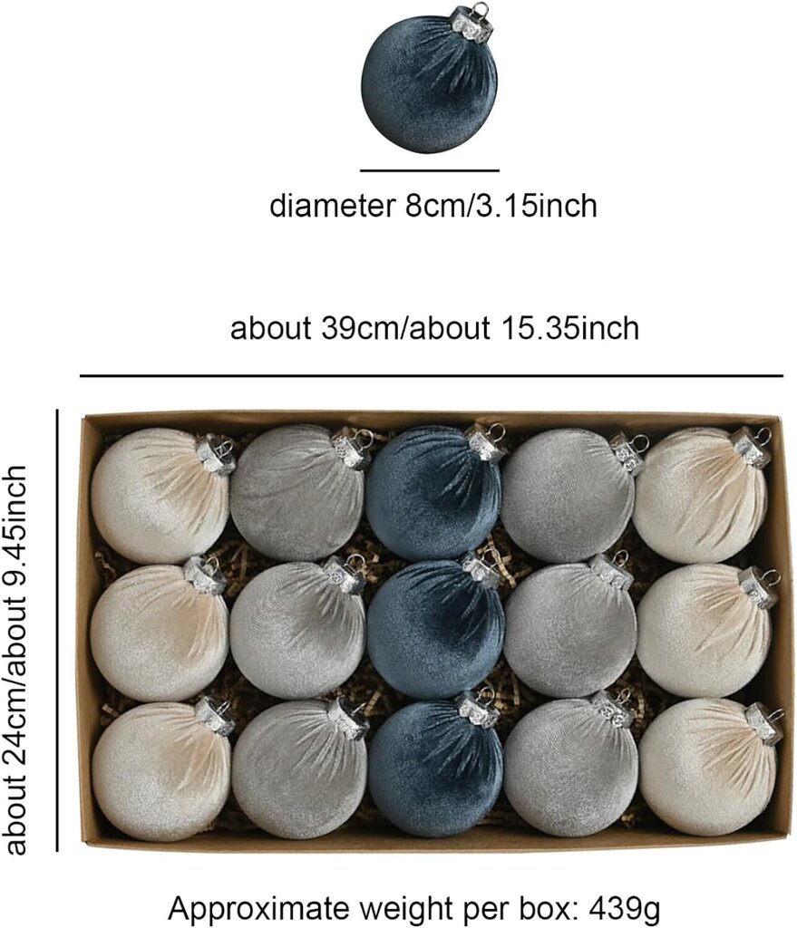 15 kappaletta joulukoristeita (vihreä/sininen), 3,15 tuuman samettikoruja lahjarasiassa Flocked koristeelliset joulukorut ripustussormuksella joulukoristeisiin Lahjajoulukorut hinta ja tiedot | Joulukoristeet | hobbyhall.fi