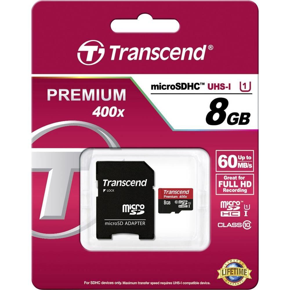 MEMORY MICRO SDHC 8GB W/ADAPT/UHS-I C10 TS8GUSDU1 TRANSCEND hinta ja tiedot | Kameran muistikortit | hobbyhall.fi