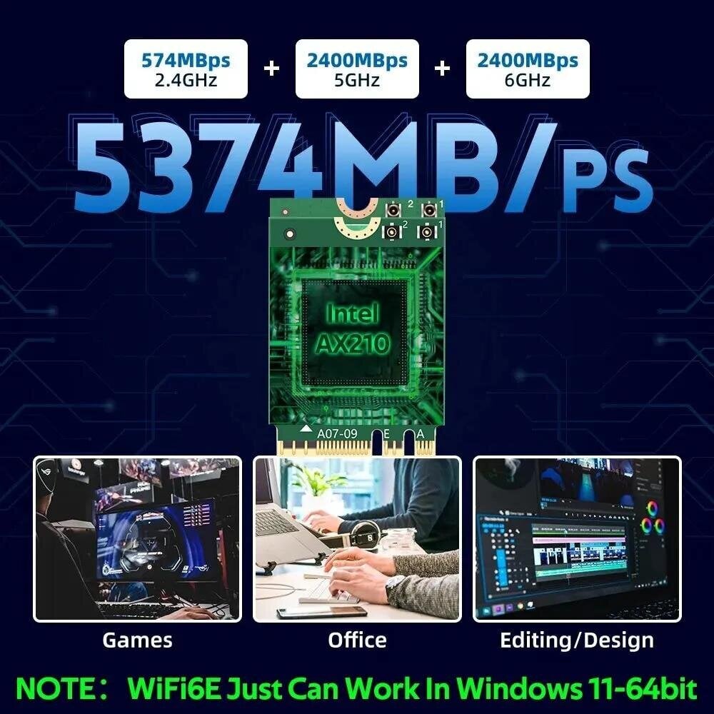 WiFi 6E AX210NGW Langaton NGFF-sovitin Bluetooth 5.3 WiFi6 5374Mbps 2.4G/5G/6GHz 802.11AX pöytäkoneelle/kannettavalle Win10/11 hinta ja tiedot | Reitittimet ja modeemit | hobbyhall.fi