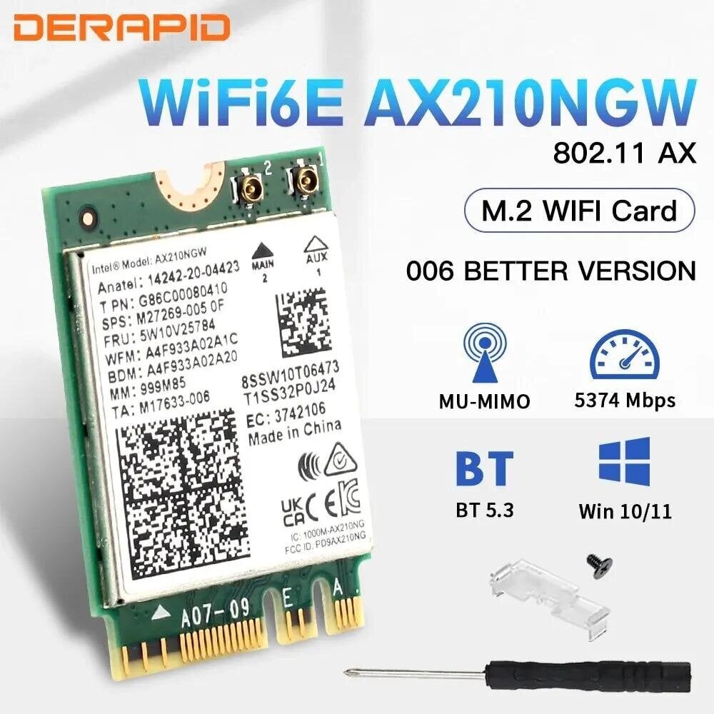 WiFi 6E AX210NGW Langaton NGFF-sovitin Bluetooth 5.3 WiFi6 5374Mbps 2.4G/5G/6GHz 802.11AX pöytäkoneelle/kannettavalle Win10/11 hinta ja tiedot | Reitittimet ja modeemit | hobbyhall.fi