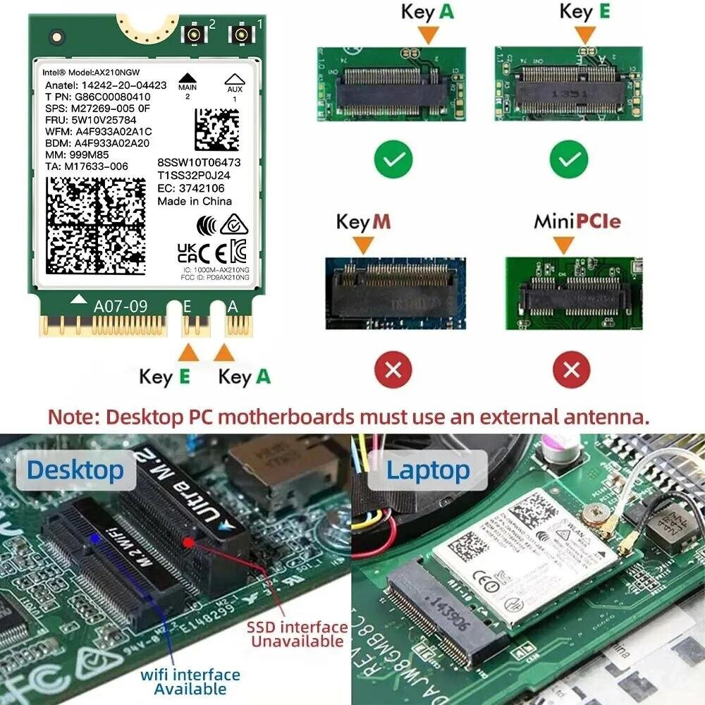 WiFi 6E AX210NGW Langaton NGFF-sovitin Bluetooth 5.3 WiFi6 5374Mbps 2.4G/5G/6GHz 802.11AX pöytäkoneelle/kannettavalle Win10/11 hinta ja tiedot | Reitittimet ja modeemit | hobbyhall.fi