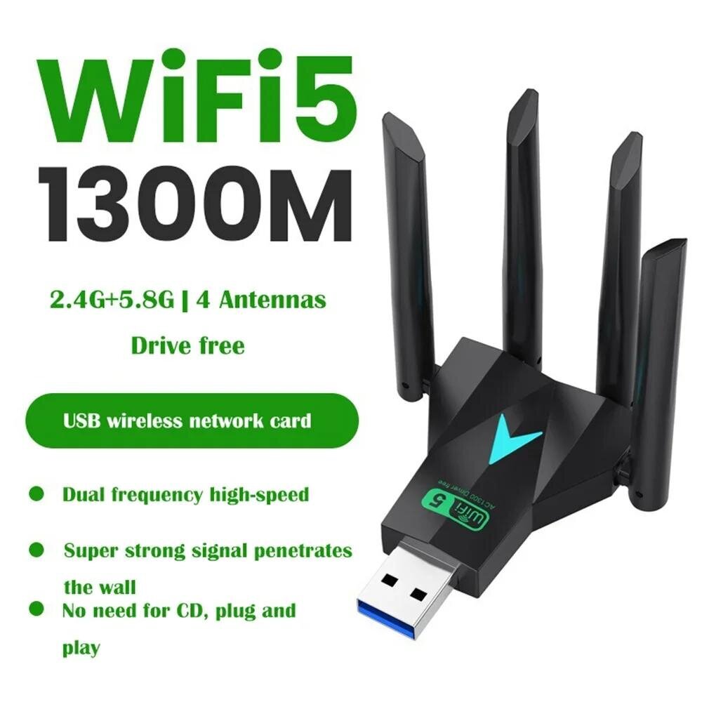 1300Mbps USB 3.0 WiFi USB-sovitin Dual Band 2.4G/5Ghz Wi-Fi Dongle 4 Antenni Langaton vastaanotin PC/Laptop Ajuri Ilmainen hinta ja tiedot | Reitittimet ja modeemit | hobbyhall.fi