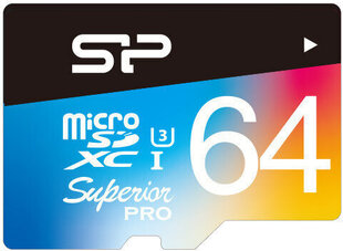 Silicon Power -muistikortti microSDXC 64GB Superior Pro Color U3 + sovitin hinta ja tiedot | Kameran muistikortit | hobbyhall.fi