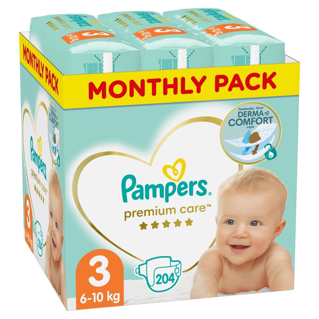 Vaipat PAMPERS Premium Monthly Pack koko 3, 6-10 kg, 204 kpl hinta ja tiedot | Vaipat | hobbyhall.fi