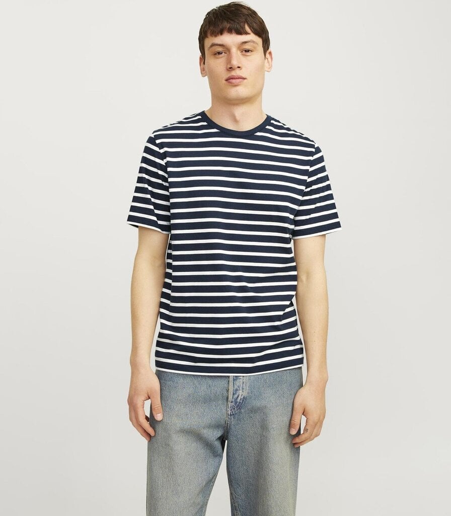 JACK & JONES miesten T-paita 12156101*09, laivastonsininen/valkoinen 5715602894968 hinta ja tiedot | Miesten T-paidat | hobbyhall.fi