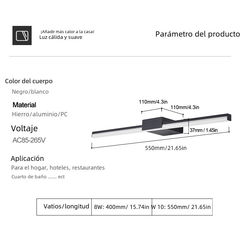 Moderni LED-seinävalaisin alumiininen kylpyhuonevalaistus kosketuskytkimellä 55cm 10W + musta kylmä valkoinen (5500-7000K) hinta ja tiedot | Seinävalaisimet | hobbyhall.fi