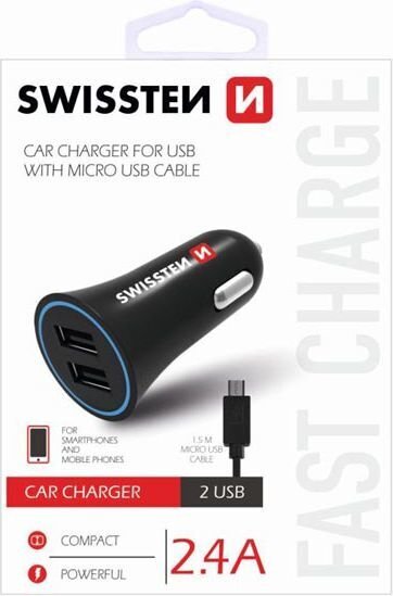 Swissten Premium Autolaturi 12 / 24V / 1A + 2.1A ja Micro USB -kaapeli 150 cm musta hinta ja tiedot | Puhelimen laturit | hobbyhall.fi