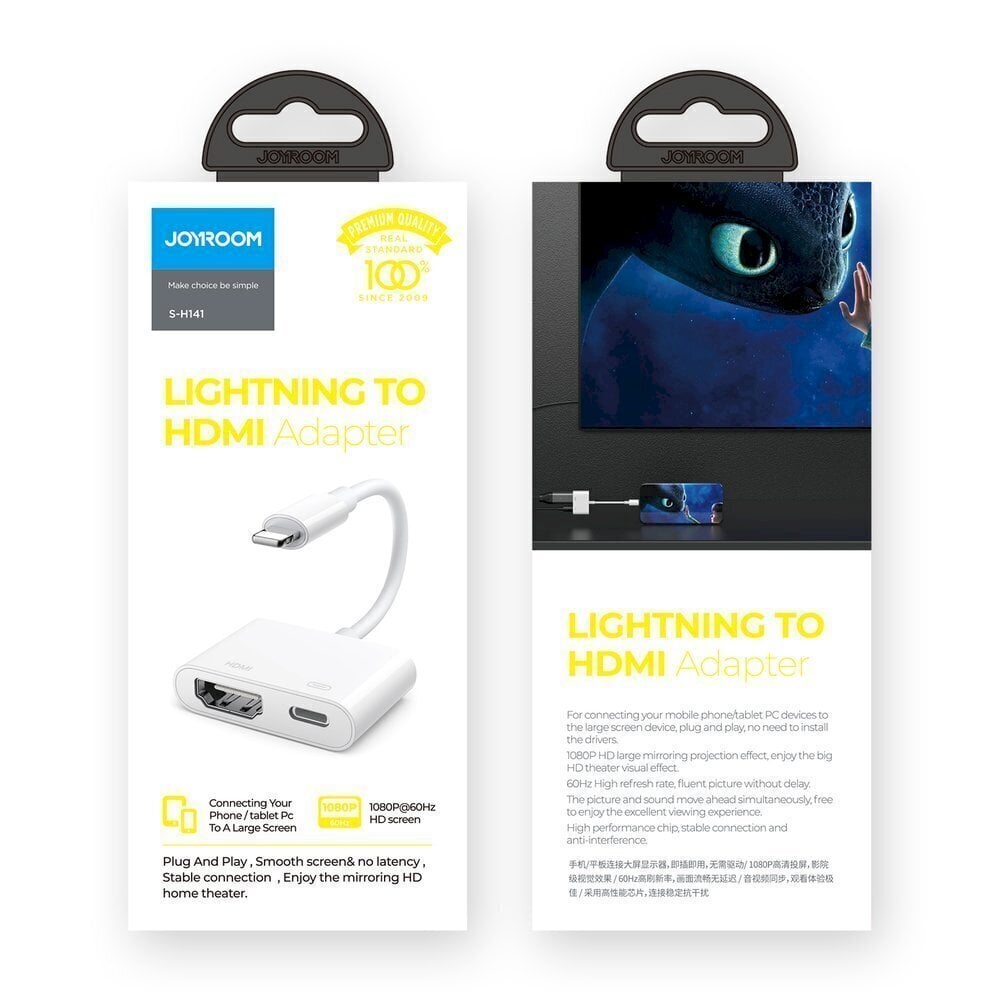 Joyroom-sovitin Lightning (uros) - digitaalinen HDMI-sovitin (naaras) + Lightning (naaras) FullHD 1080p 60 Hz valkoinen (S-H141 valkoinen) hinta ja tiedot | Adapterit | hobbyhall.fi