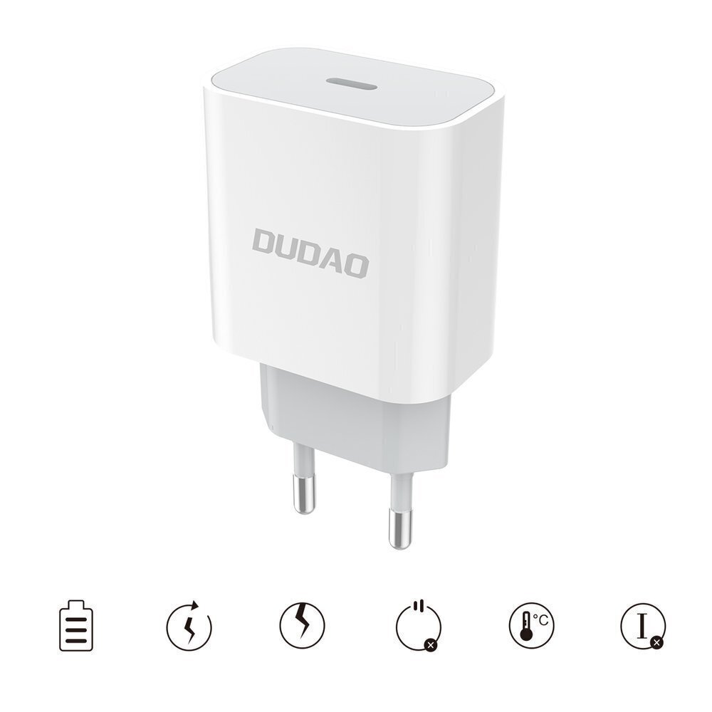 Dudao Quick Charger Adapter EU Seinälaturi USB Type C Virtalähde 18W + USB Type C / Lightning Charging Datakaapeli Valkoinen (A8EU + PD Cable White) hinta ja tiedot | Puhelimen laturit | hobbyhall.fi