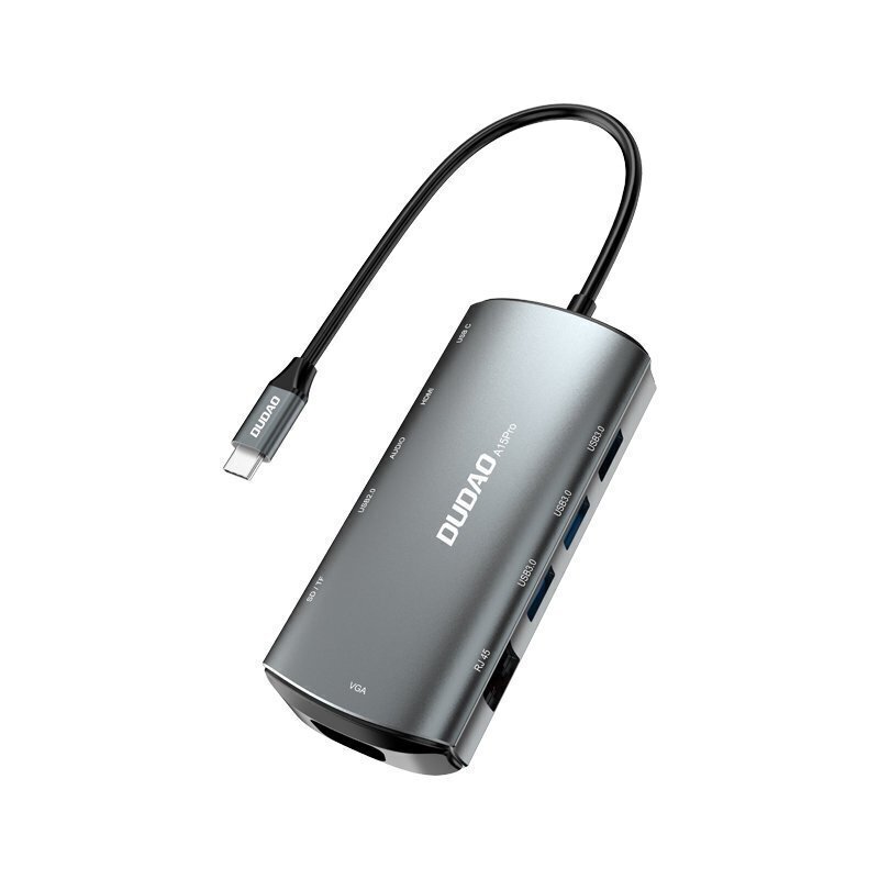 Dudao 11w1 Multifunction HUB USB Type C - USB Type C PD 60 W / HDMI / 3,5mm Mini Slot / 1x USB 2.0 / SD - Micro SD Card Reader / VGA / RJ45 / 3x USB 3.2 Gen 1 Grey (A15Pro Grey) hinta ja tiedot | Adapterit | hobbyhall.fi