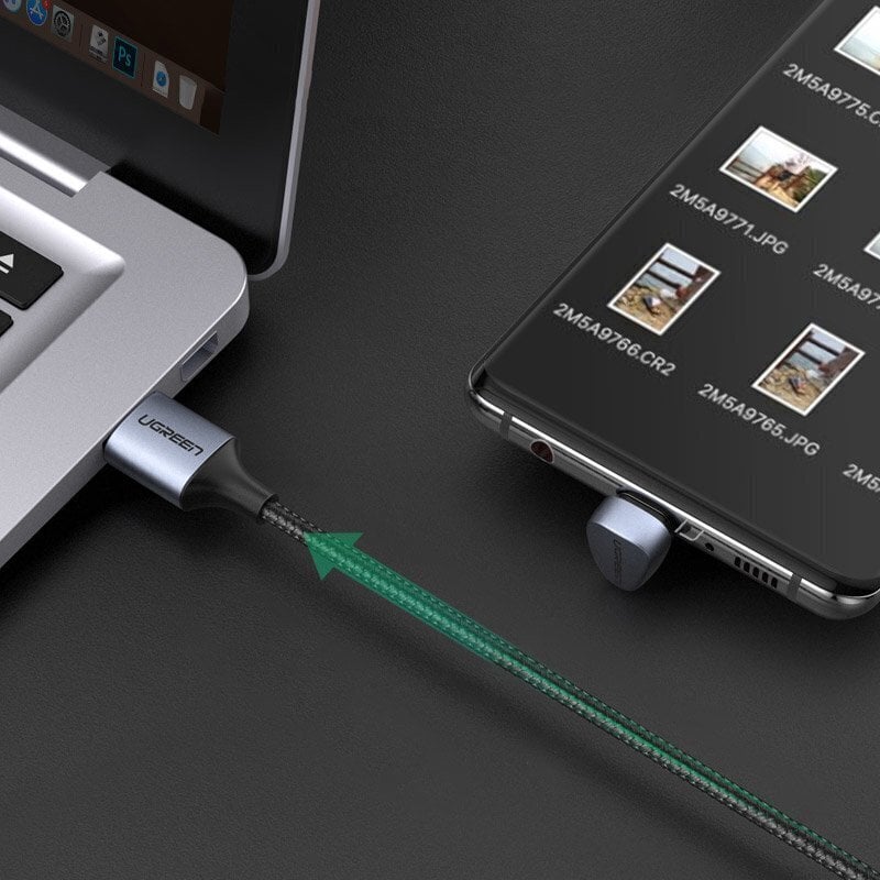 Ugreen Nylon Braided USB - USB Type C kulmikas kaapeli 1 m 3 A pelaajille harmaa (70313) hinta ja tiedot | Puhelinkaapelit | hobbyhall.fi