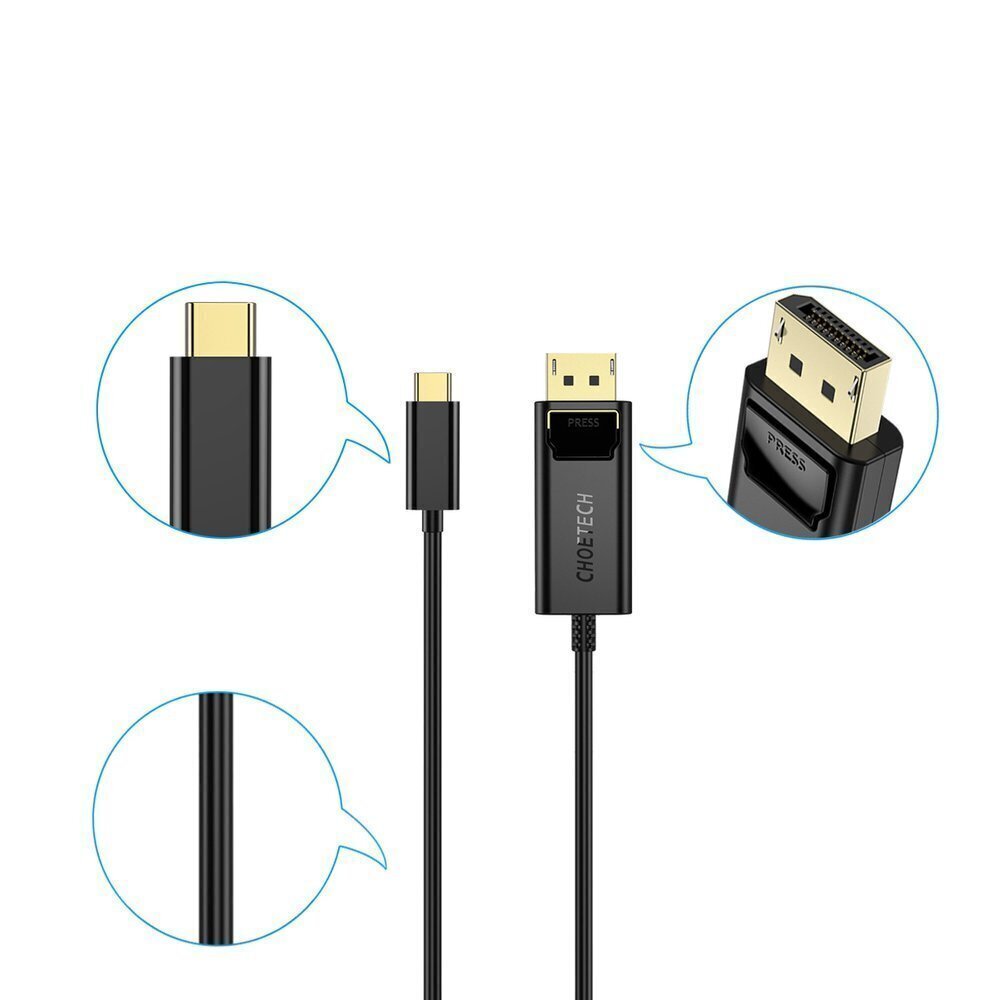 Choetech yksisuuntainen C-tyypin USB-näytön videokaapeli - Näyttöportti 4K 1,8 m musta (XCP-1801BK) hinta ja tiedot | Puhelinkaapelit | hobbyhall.fi