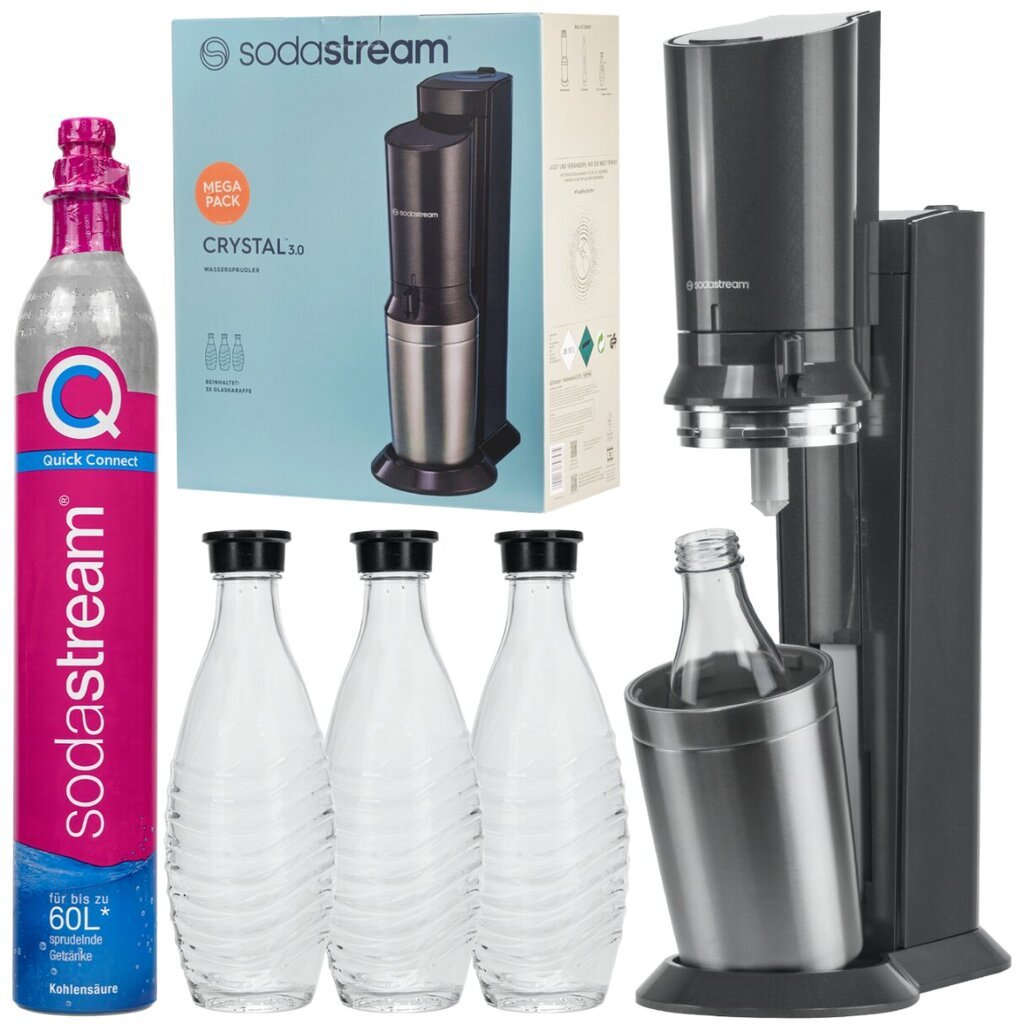 SodaStream Crystal 3.0 Titan QuickConnect saturaattori + 3 karahvia hinta ja tiedot | Hiilihapotuslaitteet | hobbyhall.fi