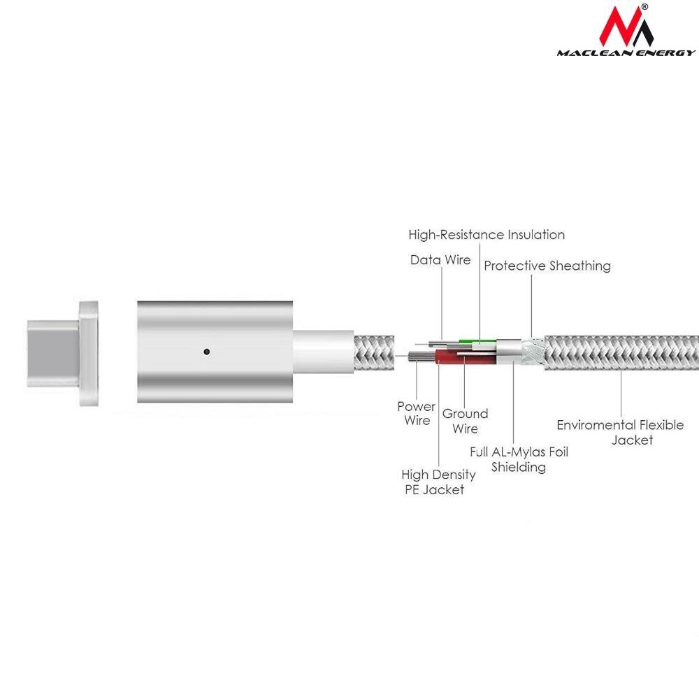 Magneettinen USB Type-C -kaapeli hopea Maclean Energy MCE178 hinta ja tiedot | Kaapelit ja adapterit | hobbyhall.fi