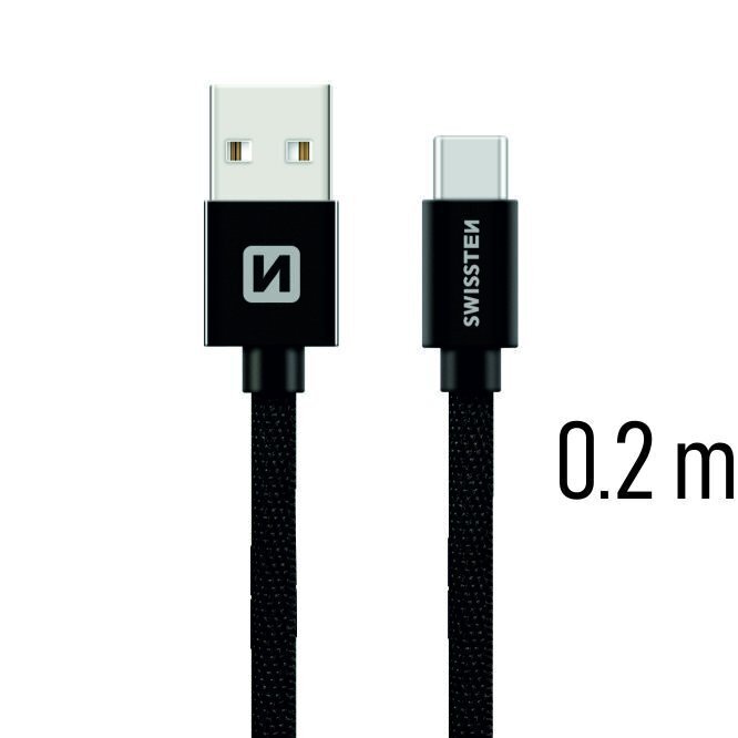 Swissten Textile Universal Quick Charge 3.1 USB-C Data and Charging Cable 20 cm Black hinta ja tiedot | Puhelinkaapelit | hobbyhall.fi