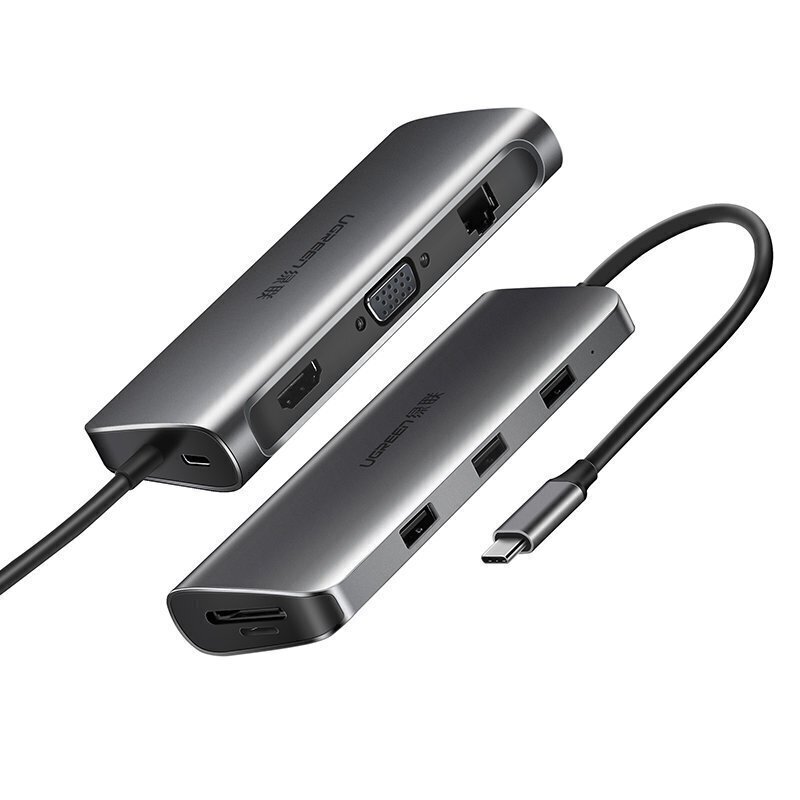 UGREEN 10in1-sovitin USB-C - HDMI 4K, 3x USB 3.0, Type-C, RJ45, SD, Micro SD, AUX (halli) hinta ja tiedot | Puhelinkaapelit | hobbyhall.fi