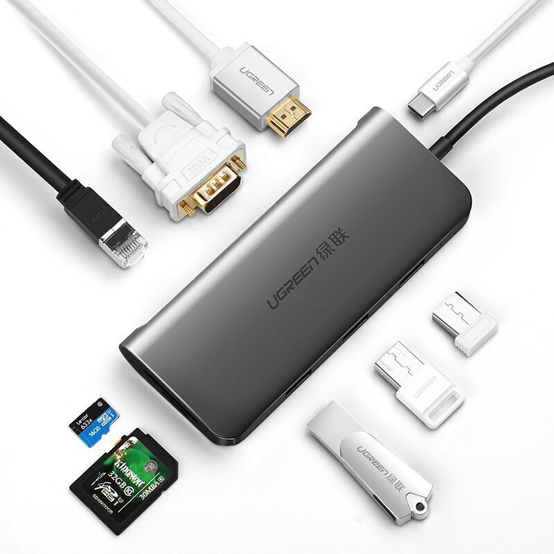 UGREEN 10in1-sovitin USB-C - HDMI 4K, 3x USB 3.0, Type-C, RJ45, SD, Micro SD, AUX (halli) hinta ja tiedot | Puhelinkaapelit | hobbyhall.fi