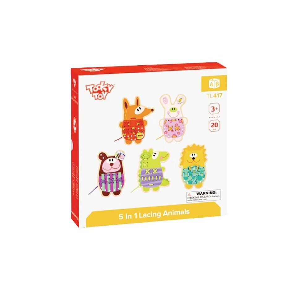 Puinen sidontapeli Tooky Toy "Eläimet" 5in1. hinta ja tiedot | Vauvan lelut | hobbyhall.fi