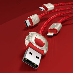 USB kaapeli 3in1 Tiger perusvuosi, USB micro USB / USB C / Lightning, 3,5A, 1,2m (punainen) hinta ja tiedot | Puhelinkaapelit | hobbyhall.fi