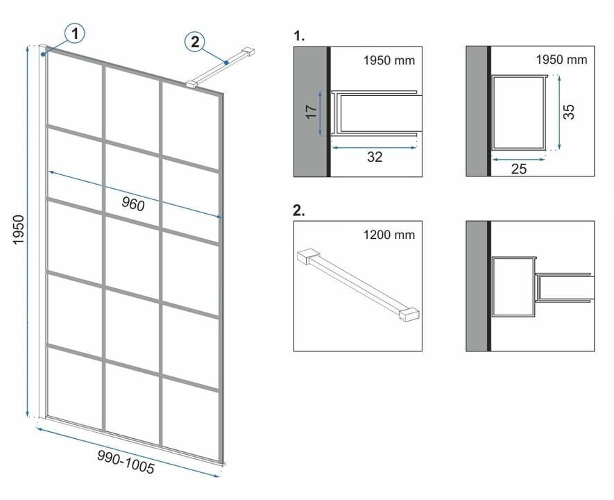 Suihkuseinä REA Bler I Evo hyllyllä / telineellä, Black Mat, 70, 80, 90, 100, 110, 120 x 195cm hinta ja tiedot | Suihkuseinät ja -ovet | hobbyhall.fi