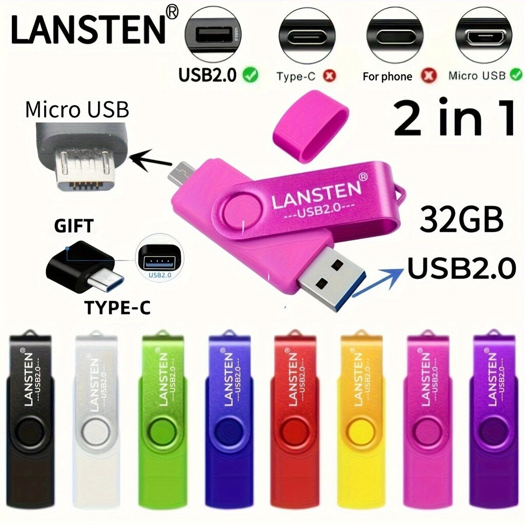 LansTen 32GB USB 2.0 Dual Porttikku Adapterilla, Androidille. hinta ja tiedot | Muistitikut | hobbyhall.fi