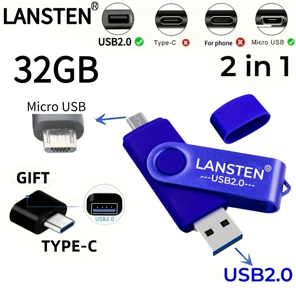 LansTen 32GB USB 2.0 Dual Porttikku Adapterilla, Androidille. hinta ja tiedot | Muistitikut | hobbyhall.fi