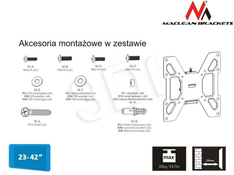 Maclean - MC-597 17-37 vesa 200x200 20kg TV hinta ja tiedot | TV-seinätelineet | hobbyhall.fi