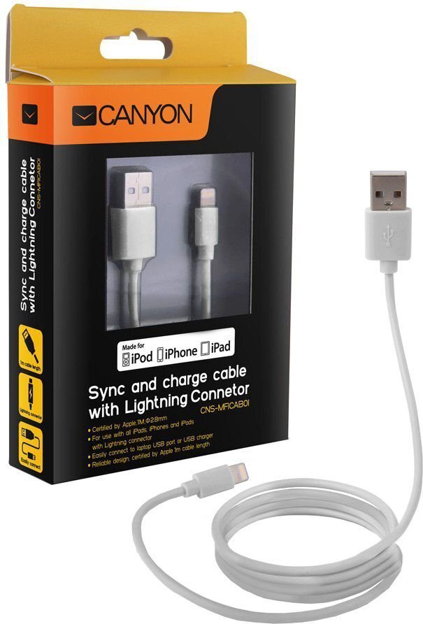 Canyon CNS-MFICAB01W, Lightning - USB, 1 m hinta ja tiedot | Kaapelit ja adapterit | hobbyhall.fi