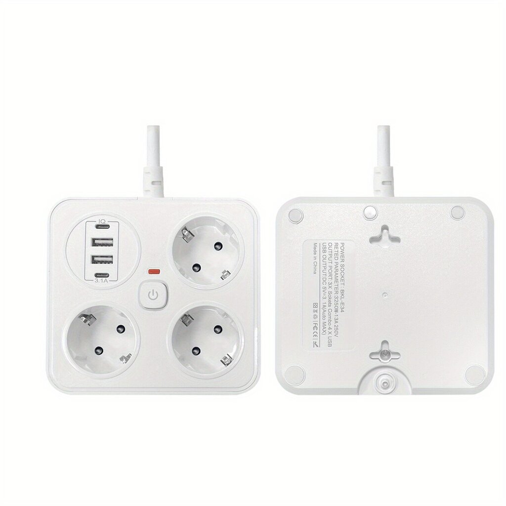 1kpl EU Pistorasia 3 Pistokepaikka, Kokonaisvaltainen Kytkin, Valkoinen 2m Jatkojohto 4 USB 1 Type-C. hinta ja tiedot | Kytkimet ja pistorasiat | hobbyhall.fi