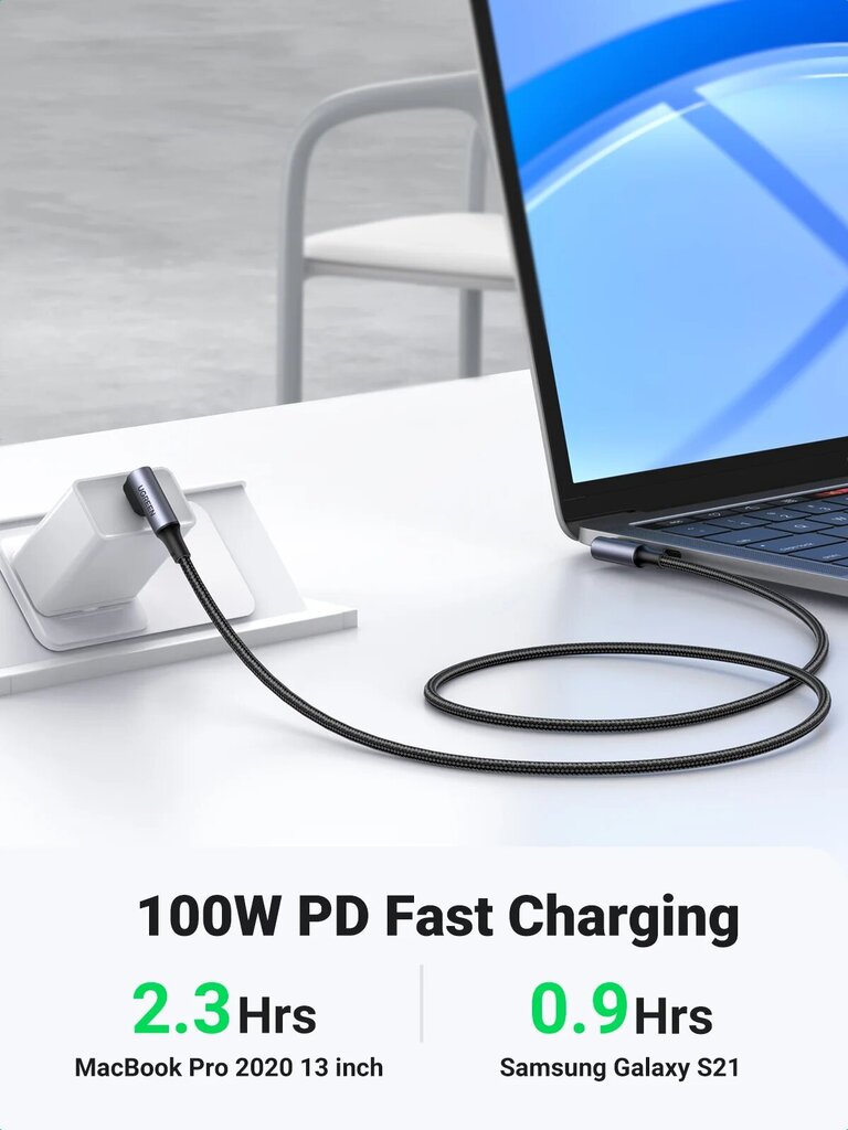 UGREEN Pikalataus USB-C-kaapeli - 100W Harmaa kulma, 1m hinta ja tiedot | Puhelintelineet | hobbyhall.fi