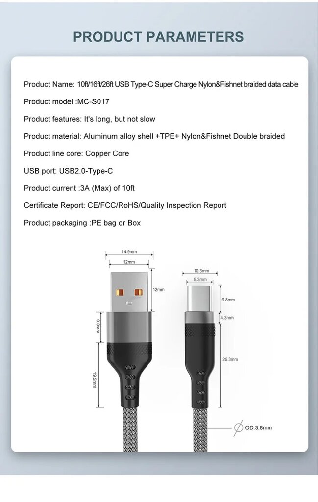 NNBILI Nopea lataus USB-A - USB-C -kaapeli - Punainen Type-C, 5m hinta ja tiedot | Puhelintelineet | hobbyhall.fi