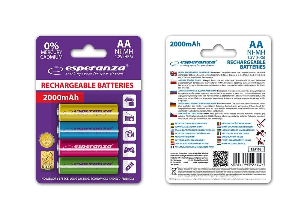 Ladattavat paristot Esperanza EZA108 Ni-MH AA 2000MAH x4 hinta ja tiedot | Paristot | hobbyhall.fi