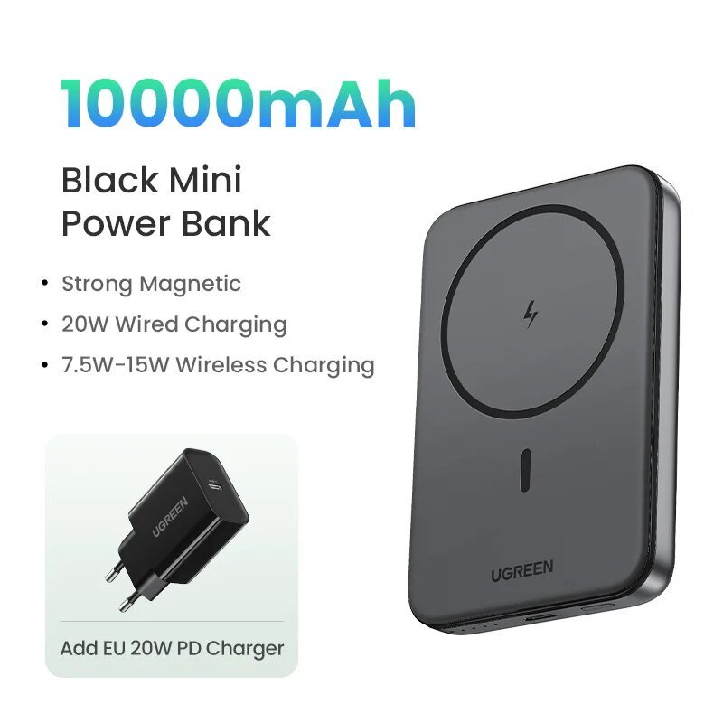 Ugreen 20W Magneettinen kannettava varavirtalähde - 10000mAh - 10000 harmaa pakkaus hinta ja tiedot | Varavirtalähteet | hobbyhall.fi