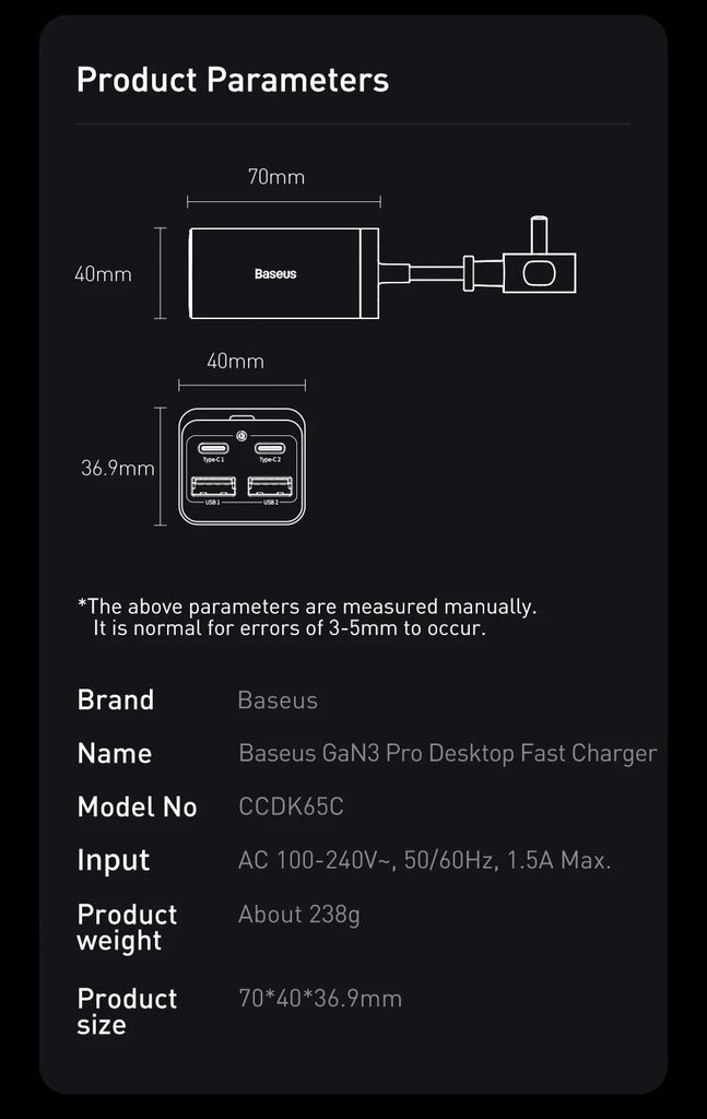 Baseus 65W GaN-laturi, jossa on 4 USB-porttia ja pikalataus 4.0 - 2C 2U EU Musta, GaN 65W-laturi. hinta ja tiedot | Kannettavien tietokoneiden laturit | hobbyhall.fi