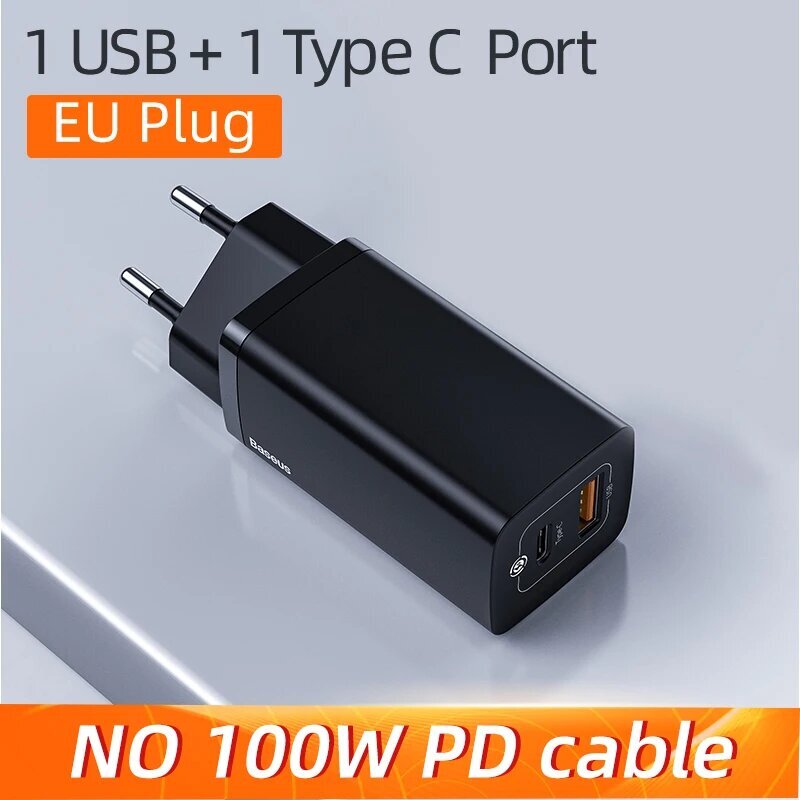 Baseus 65W GaN-laturi, jossa on 4 USB-porttia ja pikalataus 4.0 - 2C 2U EU Musta, GaN 65W-laturi. hinta ja tiedot | Kannettavien tietokoneiden laturit | hobbyhall.fi