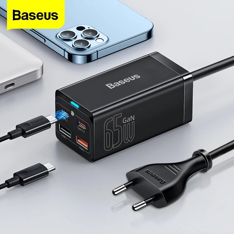 Baseus 65W GaN-laturi, jossa on 4 USB-porttia ja pikalataus 4.0 - 2C 1U US White, GaN 65W-laturi hinta ja tiedot | Kannettavien tietokoneiden laturit | hobbyhall.fi