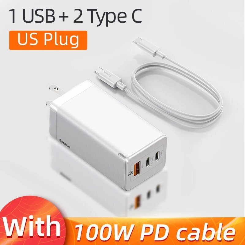 Baseus 65W GaN-laturi, jossa on 4 USB-porttia ja pikalataus 4.0 - 2C 1U US White, GaN 65W-laturi hinta ja tiedot | Kannettavien tietokoneiden laturit | hobbyhall.fi