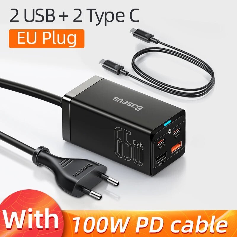 Baseus 65W GaN-laturi, jossa on 4 USB-porttia ja Quick Charge 4.0 - 2C 1U EU Valkoinen, GaN 65W -laturi hinta ja tiedot | Kannettavien tietokoneiden laturit | hobbyhall.fi