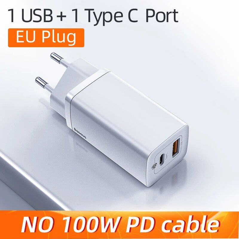 Baseus 65W GaN-laturi, jossa on 4 USB-porttia ja Quick Charge 4.0 - 2C 1U EU Valkoinen, GaN 65W -laturi hinta ja tiedot | Kannettavien tietokoneiden laturit | hobbyhall.fi