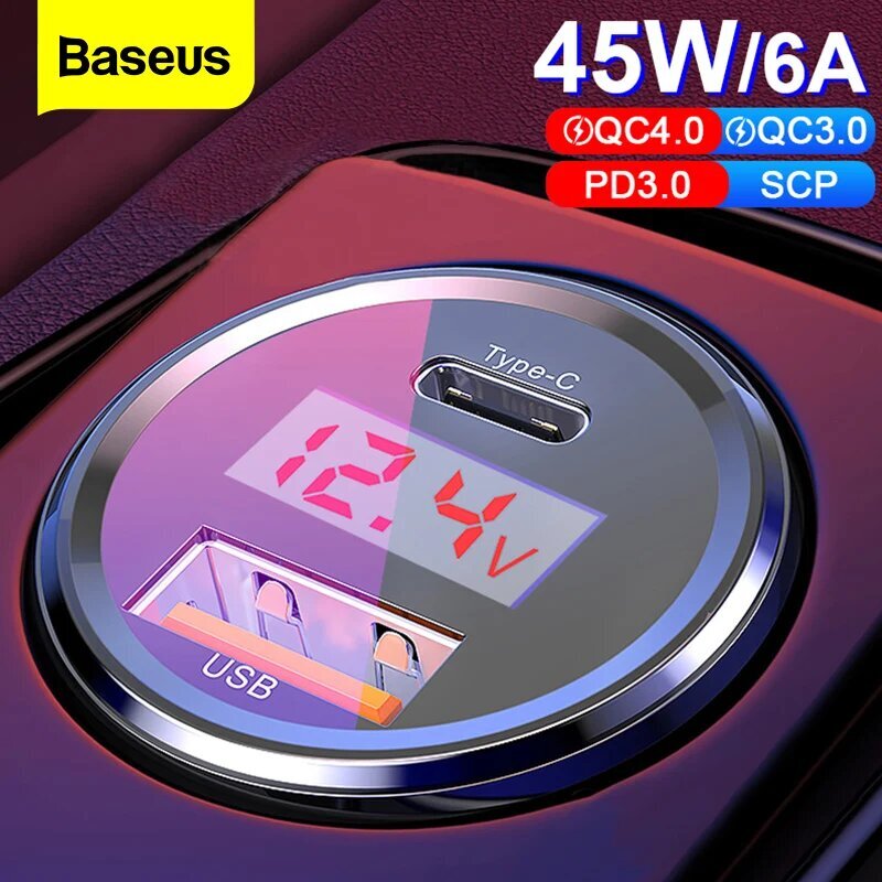 Baseus 45W pikalataus USB-autolaturi - Tyyppi C USB Punainen hinta ja tiedot | Puhelimen laturit | hobbyhall.fi