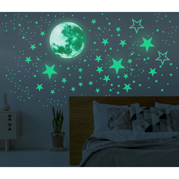 Glow in the Dark Moon and Stars seinätarrat, 437 kpl liimahuoneen sisustus, kattotaidetarrat tähtitaivaalle yöllä, irrotettavat seinätarrat, hinta ja tiedot | Projektorit | hobbyhall.fi