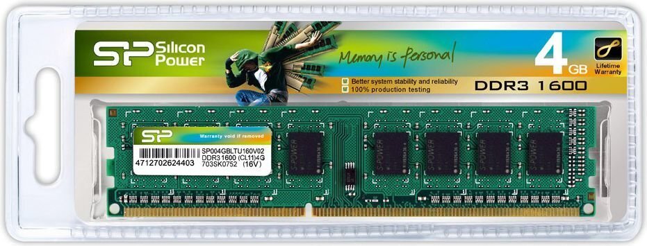 Silicon Power 4GB 1600MHz DDR3 CL11 (SP004GBLTU160N02) hinta ja tiedot | Muisti (RAM) | hobbyhall.fi