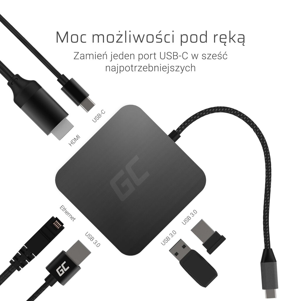 USB-keskitin Green Cell HUB2 USB-C, 3xUSB 3.0, Ethernet 1Gbps, HDMI 4K, DEX Nintendo Switch Apple hinta ja tiedot | Adapterit | hobbyhall.fi