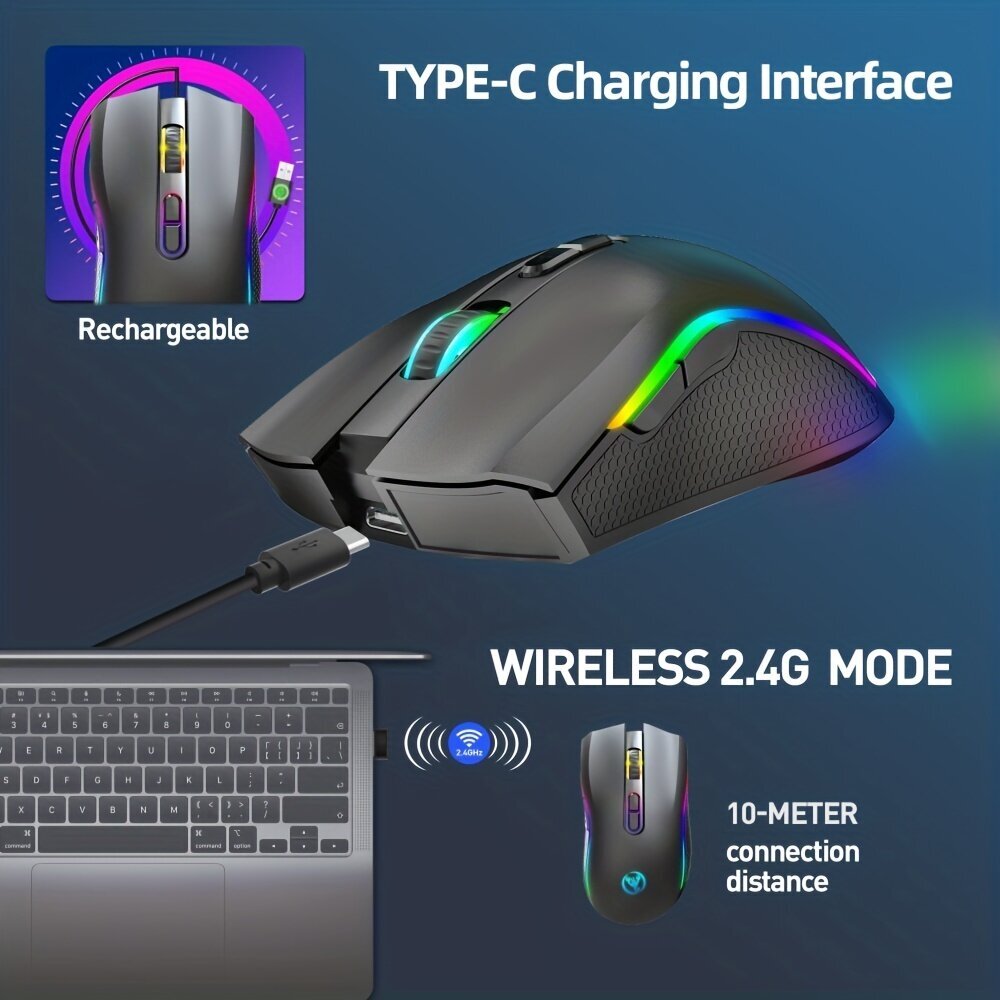 HXSJ Uusi 2.4G Langaton Hiiri RGB Valo Ladattava 4800DPI Säädettävä USB Plug and Play Optinen Pelihiiri Koti Toimisto Musta/Valkoinen hinta ja tiedot | Hiiret | hobbyhall.fi