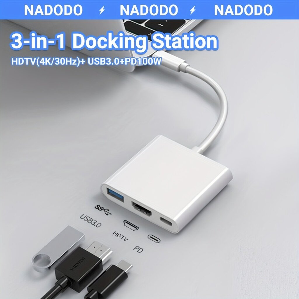 NADODO 3-in-1 USB-C Hubi, 100W Tehonsyöttö, USB 3.0 ja 4K HDTV hinta ja tiedot | Adapterit | hobbyhall.fi