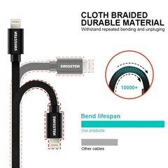 USB Kaapeli Swissten Textile 3A Lightning, 2.0 m, musta hinta ja tiedot | Kaapelit ja adapterit | hobbyhall.fi