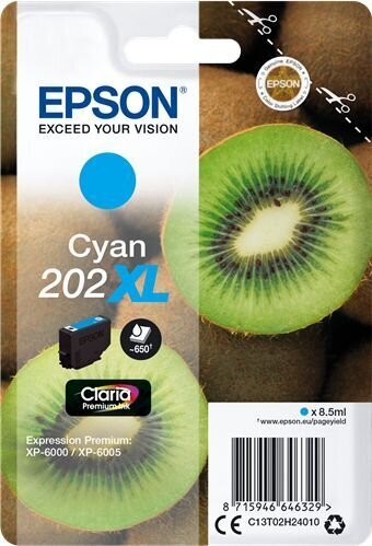 epson alkuperäinen muste c13t02h24010, 202 xl, syaani, 8,5 ml, epson xp-6000, xp-6005 hinta ja tiedot | Mustekasetit | hobbyhall.fi