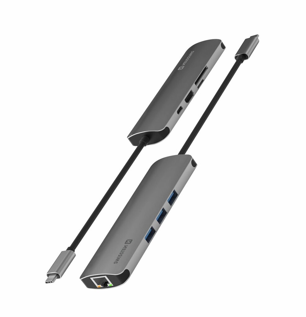Swissten USB-C Hub 8in1 with 3X USB 3.0 / 1X USB-C Power Delivery / 1X microSD / 1X SD / 1x HDMI 4K / 1x LAN RJ45 / Aluminum body hinta ja tiedot | Adapterit | hobbyhall.fi